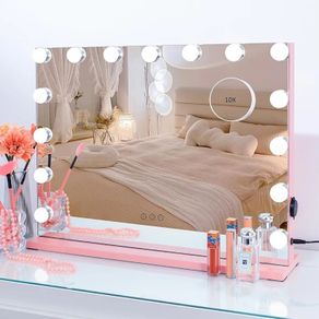 Hollywood Make-Up Mirror with Lights, Hollywood Makeup Mirror with 15 Dimmable Bulbs, Touchscreen Mirror with USB Table Top Mirror with 3 Colour Modes, Removable 10 x Magnifying Glass, Pink