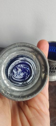 Pewter Condiment Set, blue glass and pewter design. mustard and salt