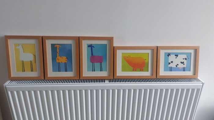 Lovely Set of Three Framed Prints of Brightly Coloured Artworks of Animals in a Naive And Fun Style Perfect for a Baby Nursery or Kids Bedroom