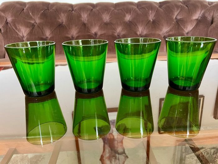 Set 4 Vintage Vereco France Small Forest Green Juice Glasses Tumblers MCM