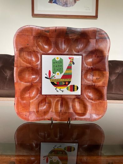 Vintage 1970s Chicken Tile on Bamboo Deviled Eggs Platter or storage