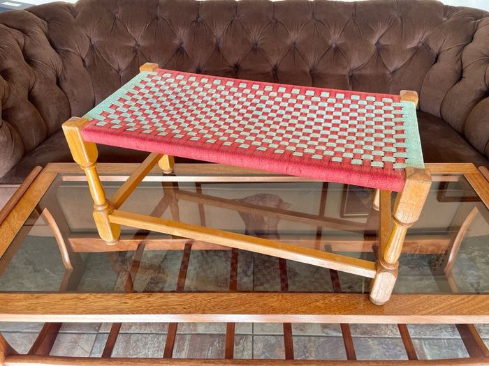 Rare Vintage Long Sugan Style Ottoman Stool Bench Woven with Red Green Cotton Rope