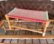 Rare Vintage Long Sugan Style Ottoman Stool Bench Woven with Red Green Cotton Rope