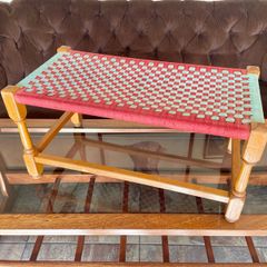 Rare Vintage Long Sugan Style Ottoman Stool Bench Woven with Red Green Cotton Rope