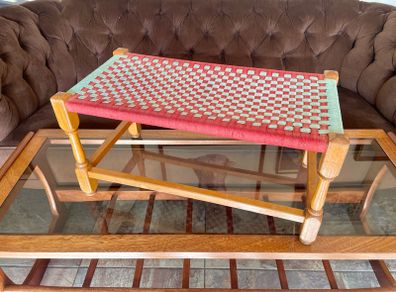 Rare Vintage Long Sugan Style Ottoman Stool Bench Woven with Red Green Cotton Rope