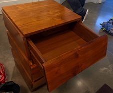Hardwood bedside lockers, Ikea shelf and stool, Phil Kenyon putting mat
