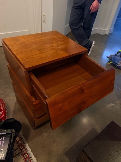 Hardwood bedside lockers, Ikea shelf and stool, Phil Kenyon putting mat