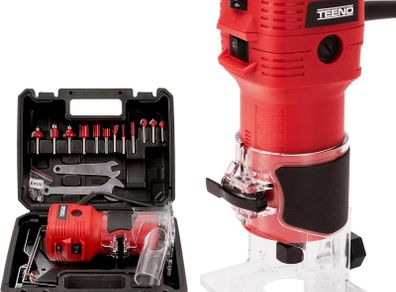 Router Trimmer 800W with Dust Extraction Connection, Electric Hand Wood Router 15000-32000 RPM with 12PCS 1/4" Router Bit Set, 6 Variable Speeds, Includes Trimmer Base 6/6.35 mm, Carrying Case