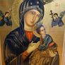 Our Lady of Perpetual Help (also known as Our Lady of Perpetual Succour), a classic Byzantine Catholic icon depicting the Virgin Mary holding the Christ Child. Quality gold lithograph framed in large guilded frame. 20 1/2" Heigh x 16 1/2" wide. Image 5