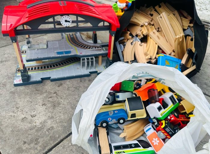 Wooden toy train set and Bakugan Stadiums