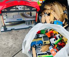 Wooden toy train set and Bakugan Stadiums