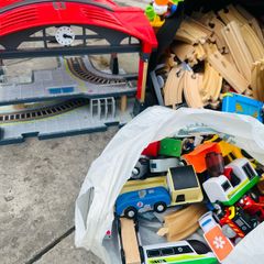 Wooden toy train set and Bakugan Stadiums