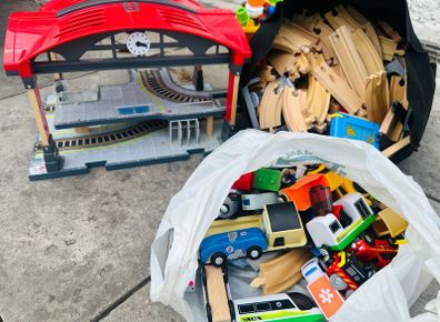 Wooden toy train set and Bakugan Stadiums
