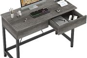 Computer Desk with Drawers Made of Wood and Metal Grey Oak