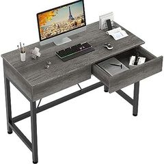 Computer Desk with Drawers Made of Wood and Metal Grey Oak