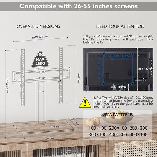 NEW SALE | Universal Table Top Pedestal TV Stand with Bracket for 26inch-55inch LCD/LED/Plasma TVs-Height Adjustable stand with 8mm Tempered Glass Base & Cable Management-Holds 40 KG & Max.VESA 400x400mm