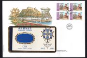 1985 Jersey Huguenot Hermitage Commemorative Stamp Booklet pane on first day cover (FDC) with balance of booklet in protective pocket