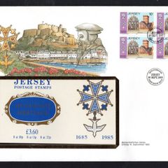 1985 Jersey Huguenot Hermitage Commemorative Stamp Booklet pane on first day cover (FDC) with balance of booklet in protective pocket