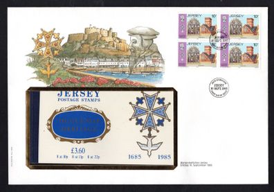 1985 Jersey Huguenot Hermitage Commemorative Stamp Booklet pane on first day cover (FDC) with balance of booklet in protective pocket