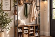 Industrial Coat Rack with Shoe Bench, Storage Shelves &amp; Hooks 100cm Hallway Unit