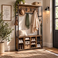 Industrial Coat Rack with Shoe Bench, Storage Shelves & Hooks 100cm Hallway Unit