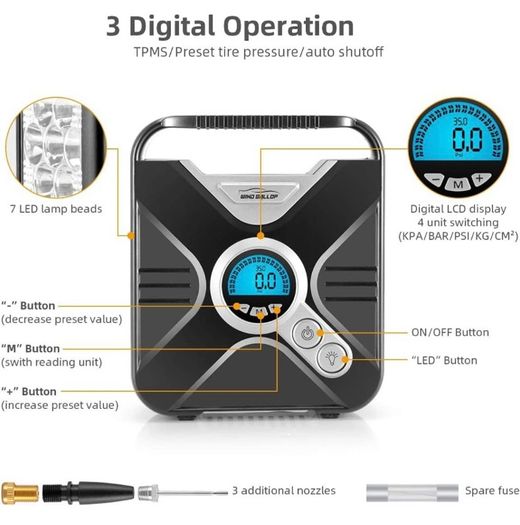 Car Tyre Inflator Air Compressor Tyre Pump 12V Electric Car Air Pump for Car Tyres Bike Tyres with Digital Tyre Pressure Gauge and Inflator Valve Adaptors LED Light (FREE POSTAGE)