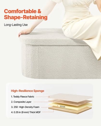 Beige Oval Storage Ottoman Bench, Foldable Teddy Fleece Upholstered Chest with Large Storage Space, 660 lb Capacity for Bedroom, Living Room & Entryway