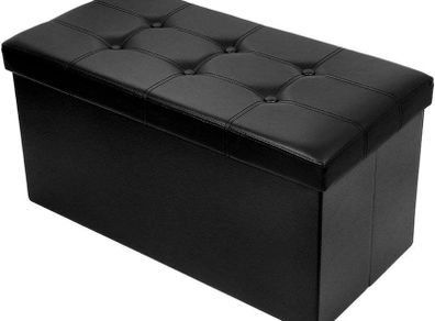 NEW SALE | Folding Ottoman Bench Storage Box with Lid, Large Storage Seat Faux Leather Footstool Toy Storage Box, Black, 76 x 38 x 38 cm