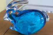 Vintage Art Glass Blue Bunny Rabbit Details Smooth Bottom Paperweight Shelf Desk