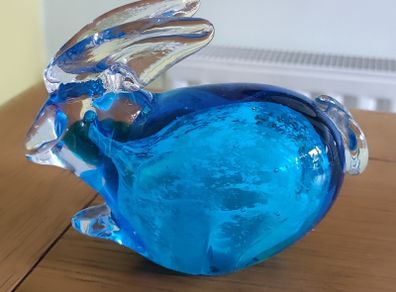 Vintage Art Glass Blue Bunny Rabbit Details Smooth Bottom Paperweight Shelf Desk