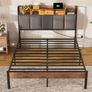 4ft6 Double Bed Frame with Storage Upholstered Headboard, LED Light & Charging Station, Platform Metal Bed Frame Double with Underbed Storage, Strong Metal Slat Support Image 6