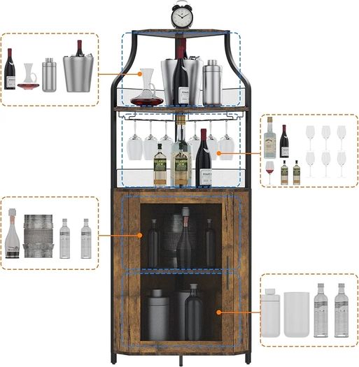 4-Tier Corner Bar Cabinet, Industrial Freestanding Wine Storage Sideboard with Doors and Glass Holders, Adjustable Shelf & Anti-Tipping Devices, for Home Bar, Kitchen, Living Room, Rustic Brown