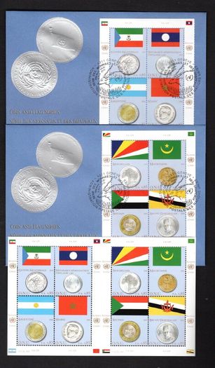2010 United Nations (Geneva) Coins & Flags (Equatorial Guinea, Laos, Seychelles, Mauritania, Argentina, Morocco, Sudan & Brunei) Commemorative Stamps MNH & FDC