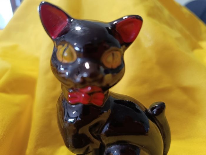 Vintage black cat ornament Redware figurine Halloween collectable