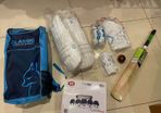 Cricket - Bat, helmet, bag, white pants and pads