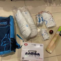 Cricket - Bat, helmet, bag, white pants and pads