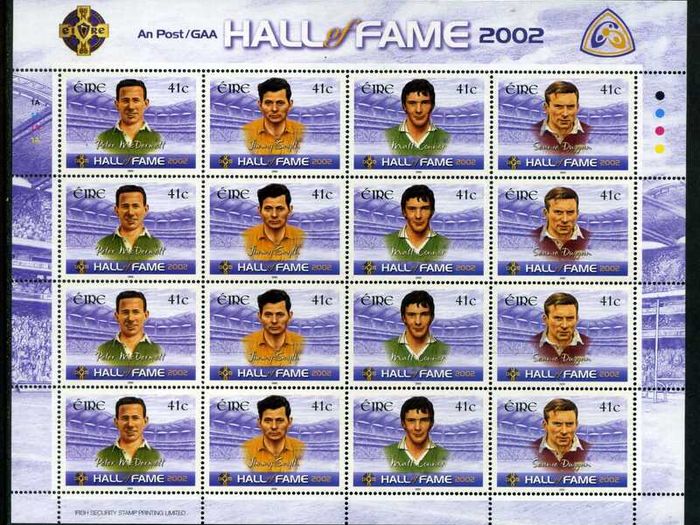 2002 Ireland GAA Hall of Fame Commemorative Stamp Sheetlet Plate 1A1A1A1A Mint Never Hinged (MNH)