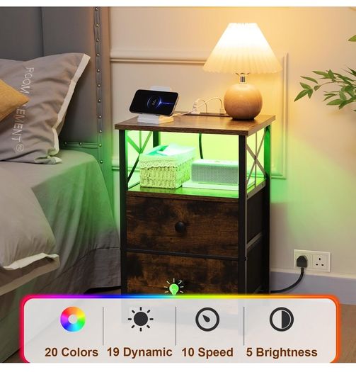 Bedside Table Set of 2, Side Table with Charging Station and Led Lights