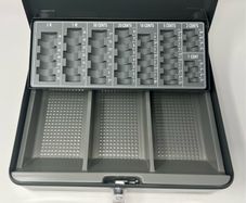 Grey Ordex Cash Box (Secure box) with tray for Euro coins and notes. Includes two keys