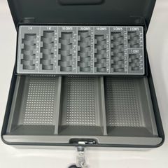 Grey Ordex Cash Box (Secure box) with tray for Euro coins and notes. Includes two keys