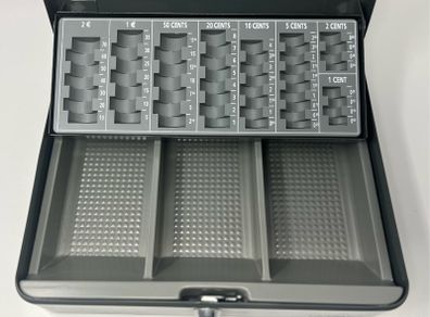 Grey Ordex Cash Box (Secure box) with tray for Euro coins and notes. Includes two keys