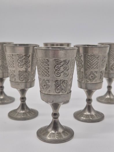 Set of 6 Vintage Mullingar Pewter Celtic Goblets