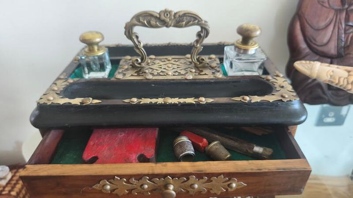 Antique Walnut,Ebony and Pierced Brass Double Inkwell Desk Set.