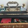 Antique Walnut,Ebony and Pierced Brass Double Inkwell Desk Set. Image 3