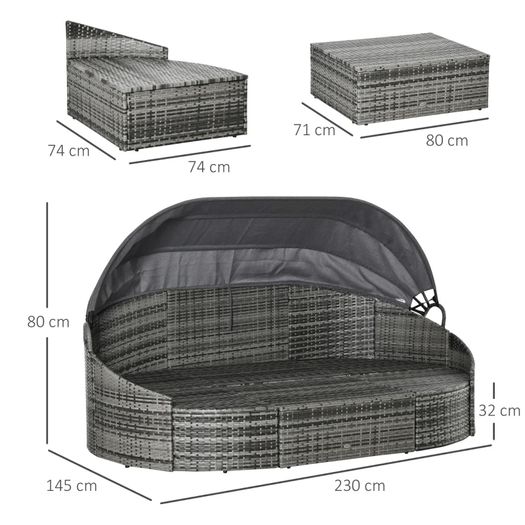 Rattan Sun Island 4-Piece Daybed with Canopy Seating Group 4 Cushions Metal Grey 230 x 145 x 80 cm
