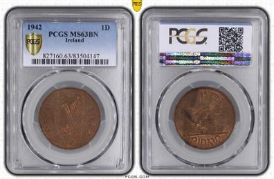 Ireland 1942 1d Penny PCGS MS63BN