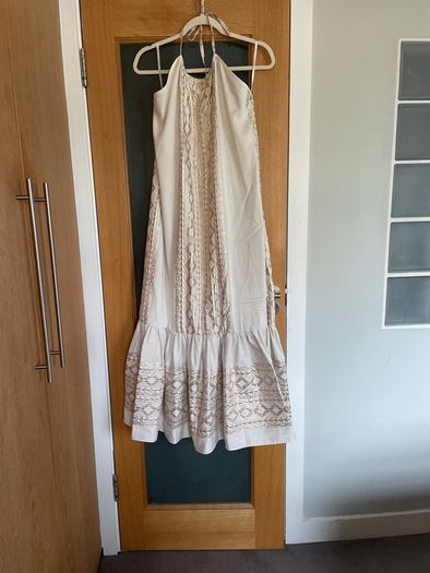 Ancient Greek Designer Maxi halter neck dress in embroidered cream and metallic gold thread and high thread count material