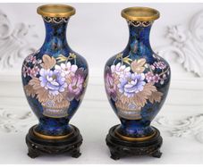 Pair Vintage Cloisonne Vases On Stands