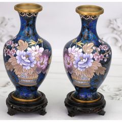 Pair Vintage Cloisonne Vases On Stands