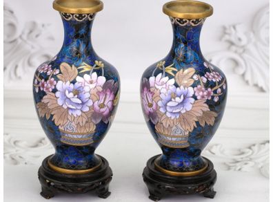 Pair Vintage Cloisonne Vases On Stands